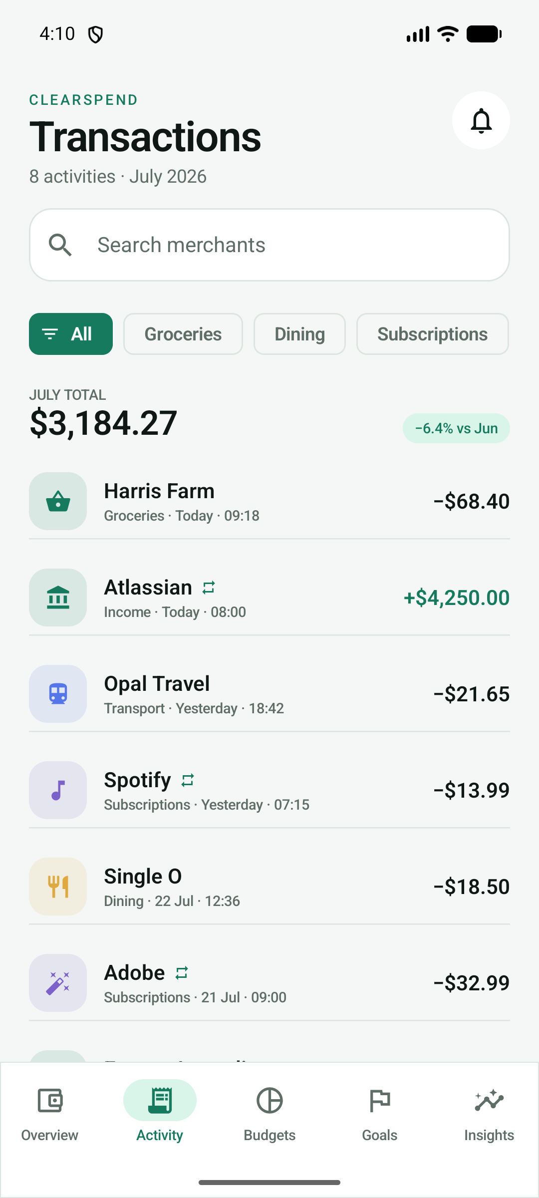 ClearSpend transactions