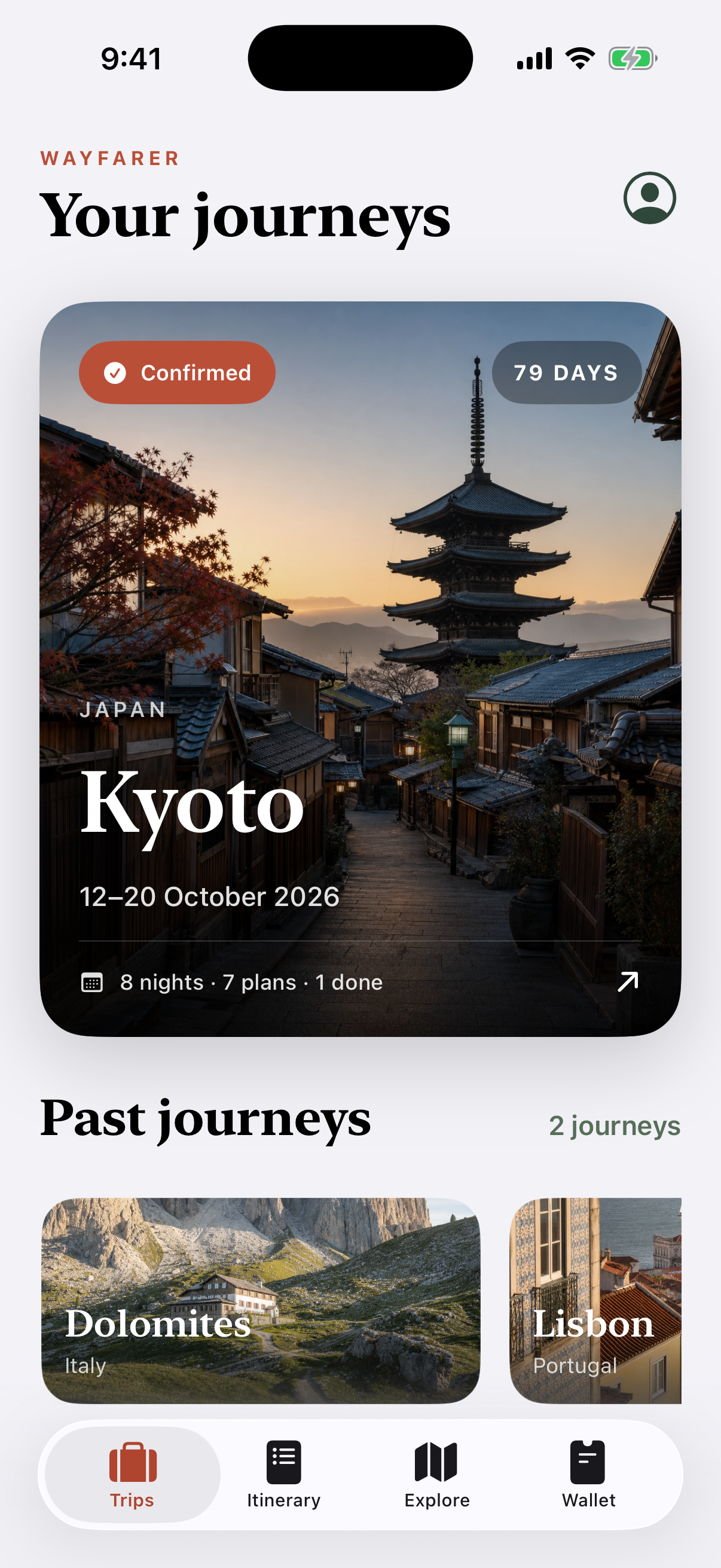 Wayfarer upcoming trips screen